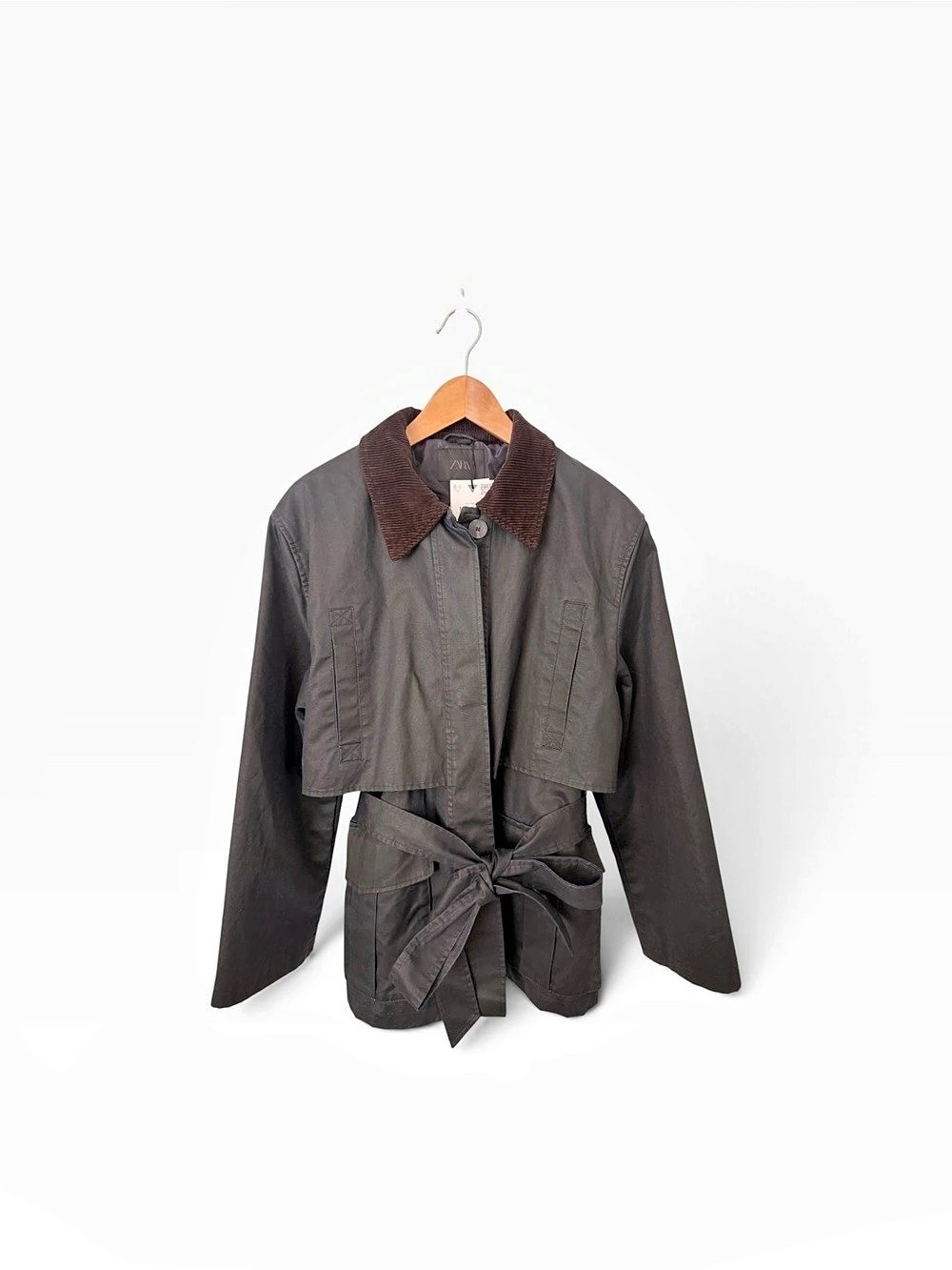 Zara Waxed Cape With Corduroy Collar Belted Utility Jacket Gray Size Medium
